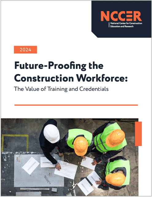 Image of a cover for a research paper with title Future-Proofing the Construction Workforce: The Value of Training and Credentials on a white background sitting above an aerial view of four men wearing hard hats looking at papers on a table